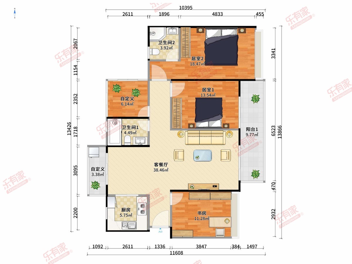 泽金城南春天 3房2厅2卫1厨1阳117.46m² 南