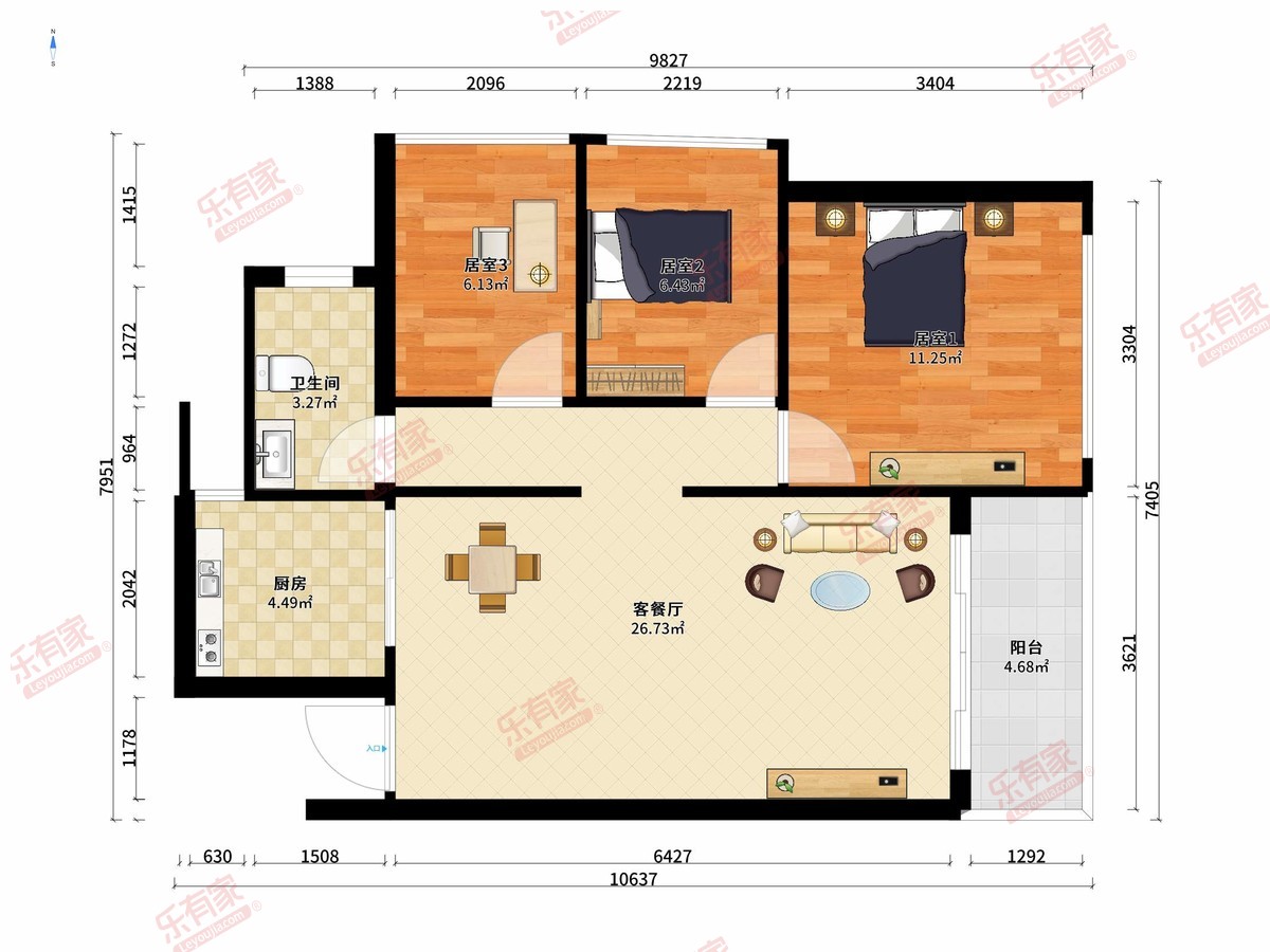 金良基公馆 3房2厅1卫1厨1阳101.0m² 东南