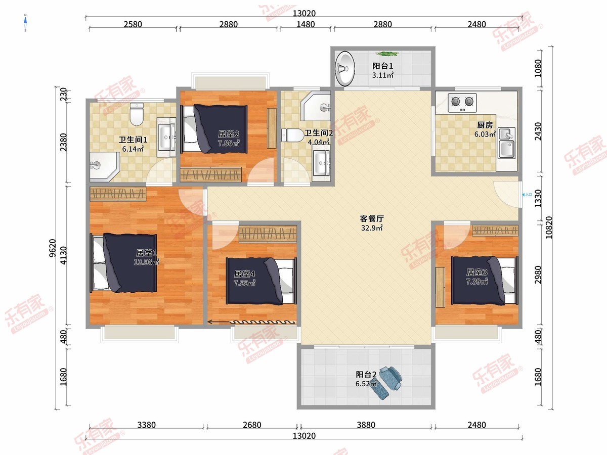 文鼎华府 4房2厅2卫1厨2阳120.0m² 南北