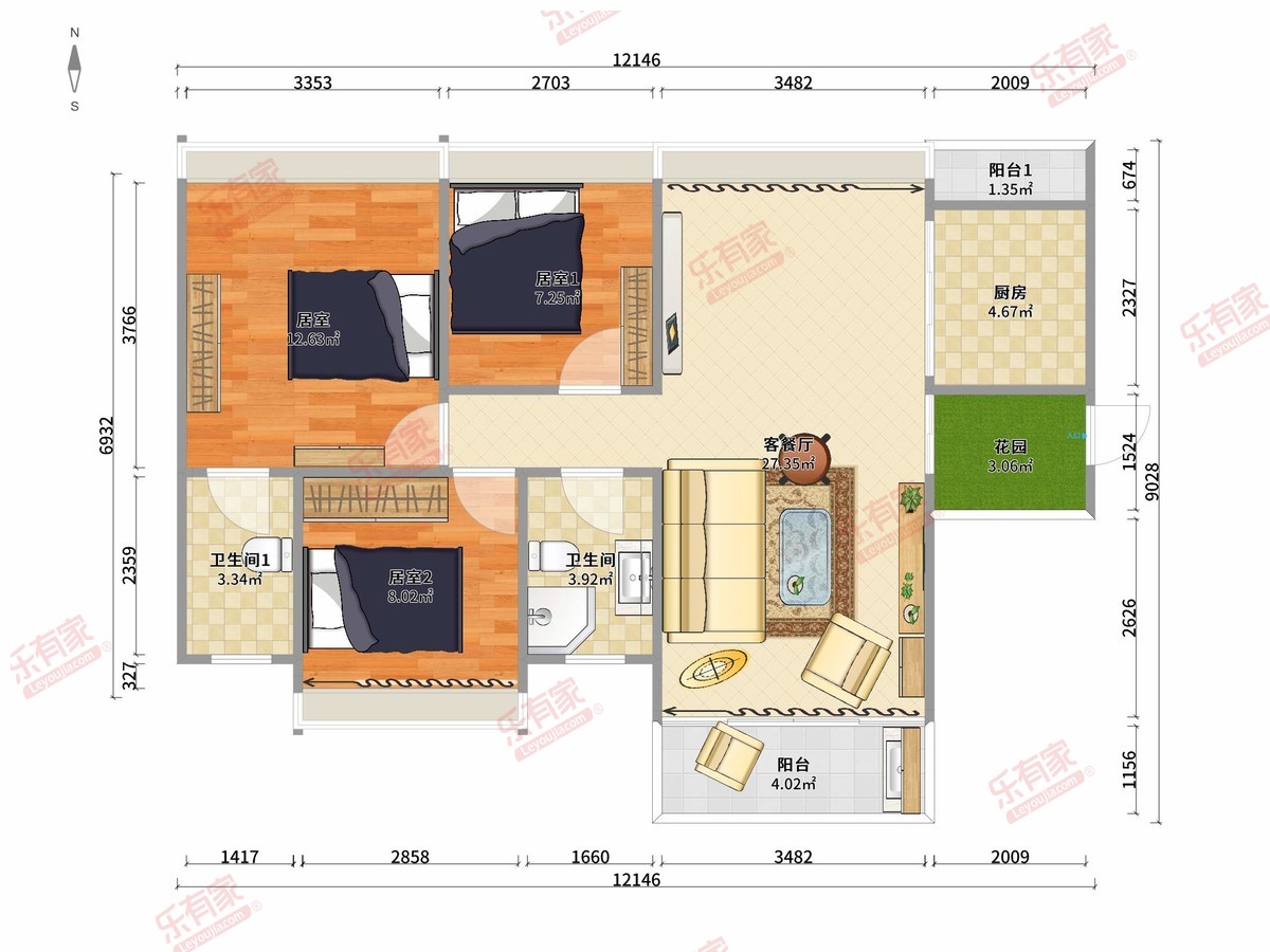 岭南印象 3房2厅2卫1厨2阳91.38m² 南北