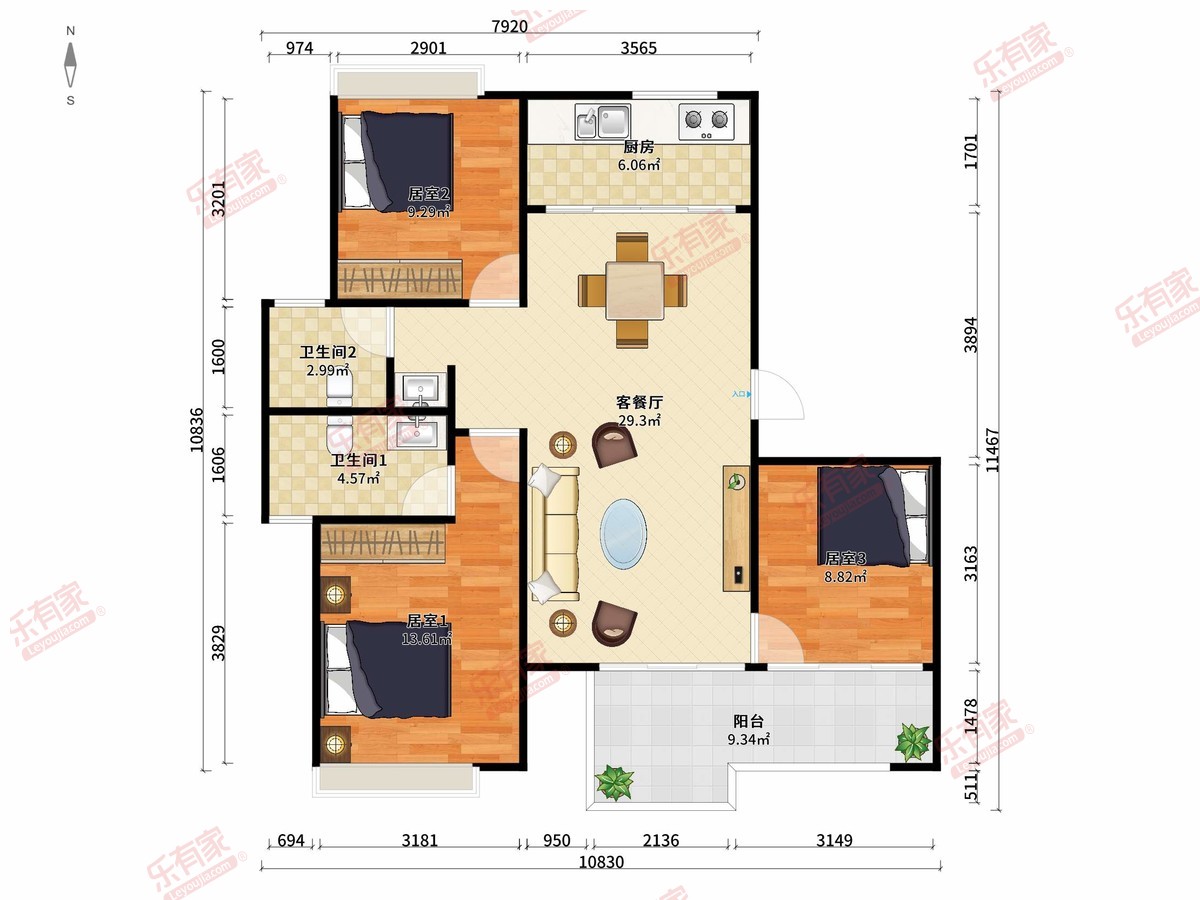 云锦花园 3房2厅2卫1厨1阳106.0m² 南