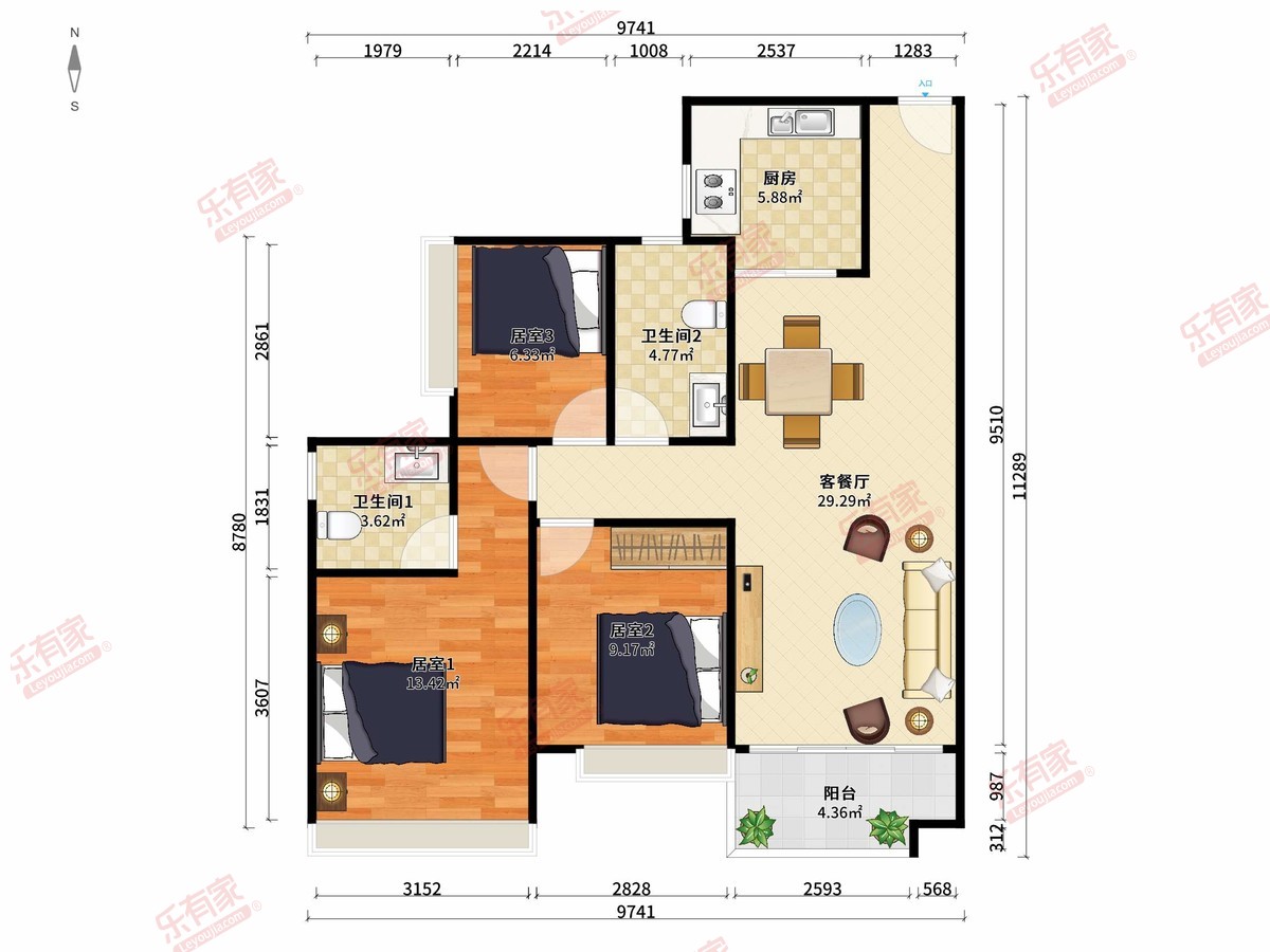 云锦花园 3房2厅2卫1厨1阳99.0m² 南