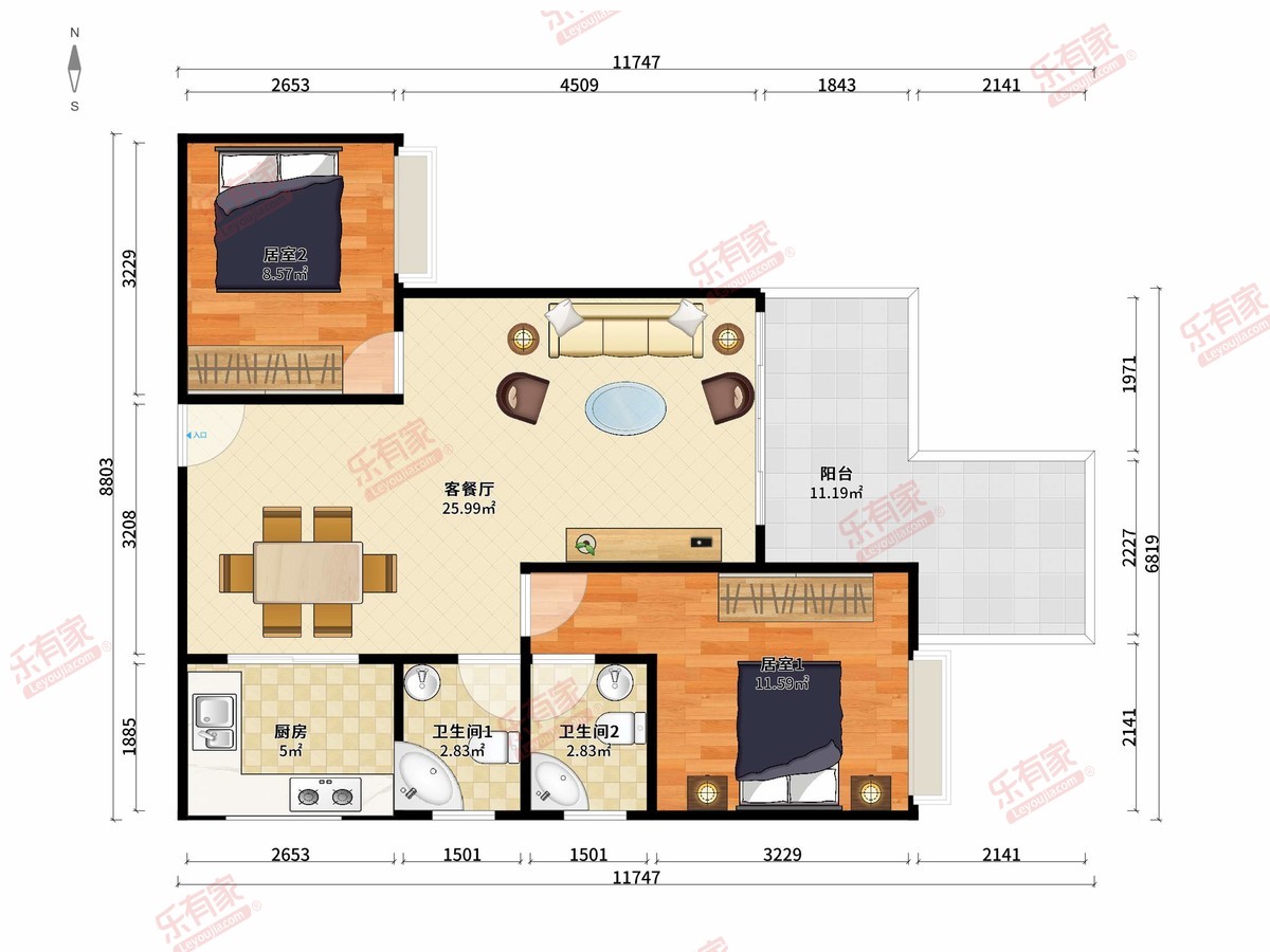 华泓·四季嘉园 2房2厅2卫1厨1阳85.0m² 东南