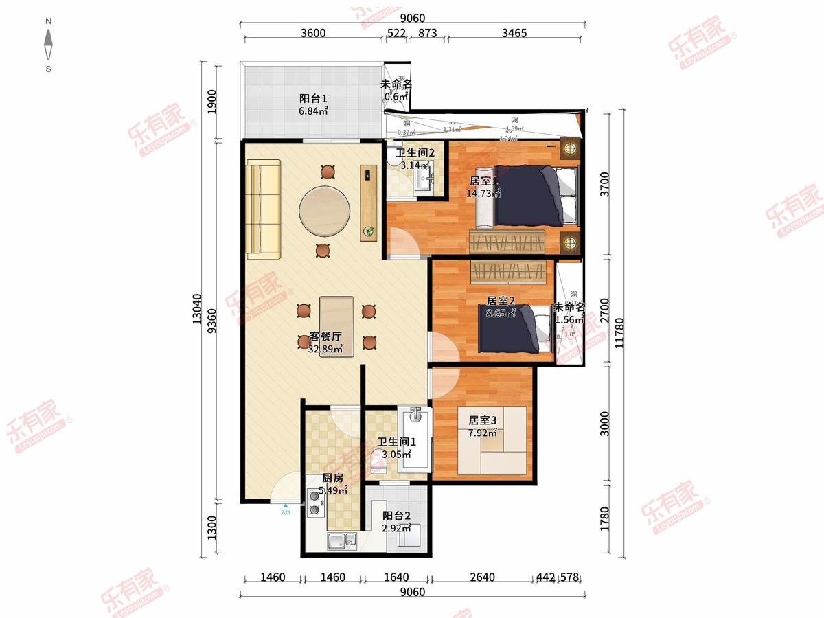 华策御水花园 3房2厅2卫1厨2阳92.0m² 南 2