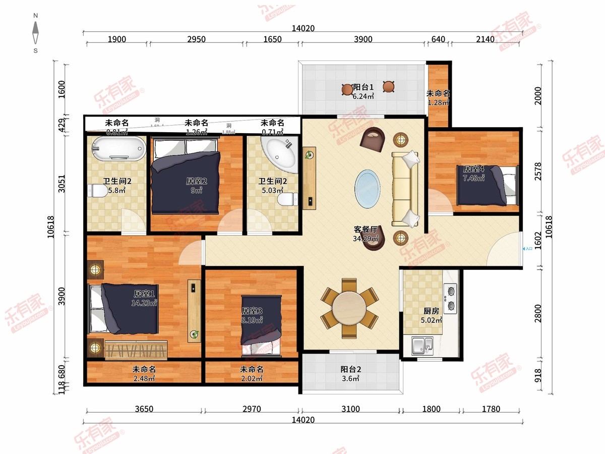 华策御水花园 4房2厅2卫1厨2阳108.0m² 南北 2