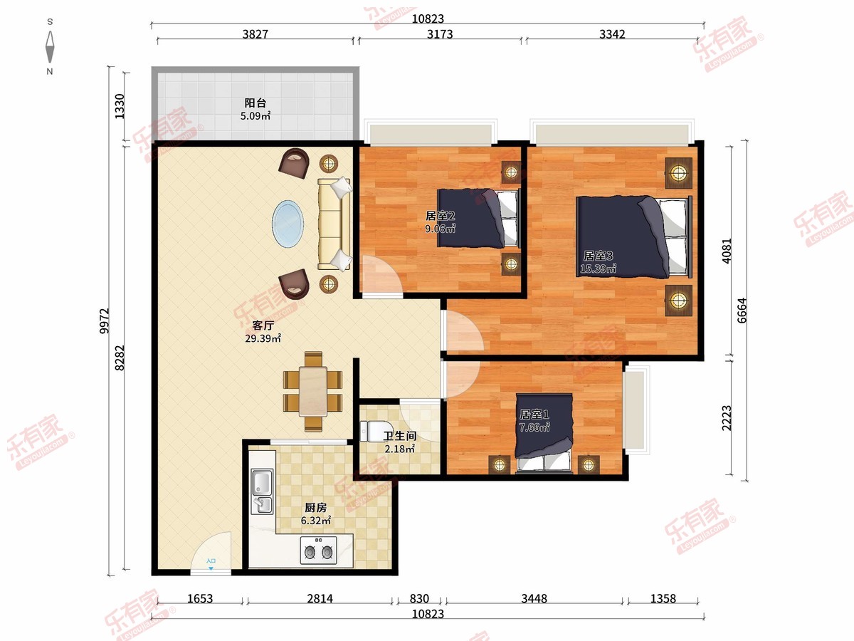 天际阳光 3房1厅1卫1厨1阳89.0m² 南