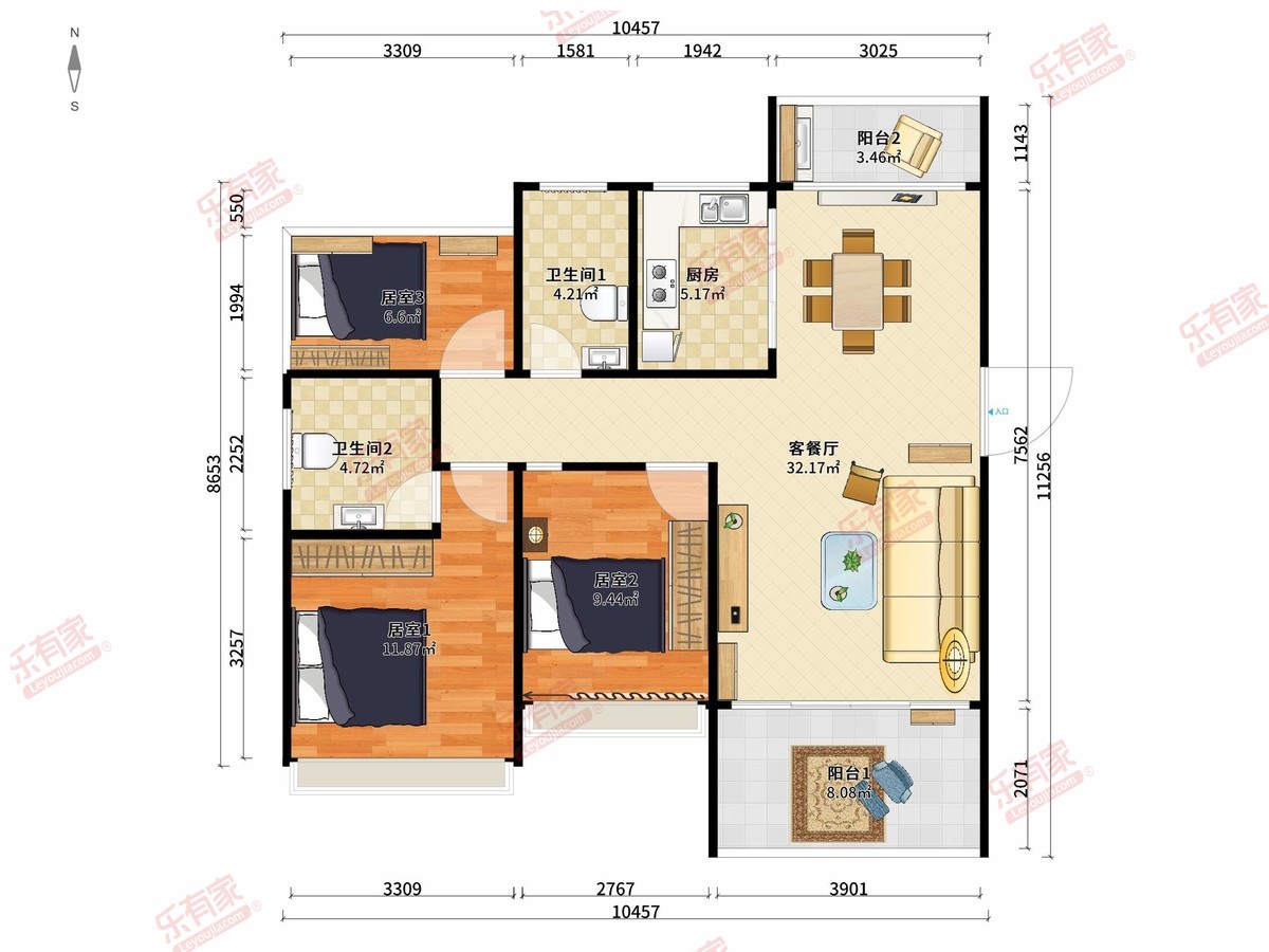 联运尚景雅园 3房2厅2卫1厨2阳96.0m² 南北