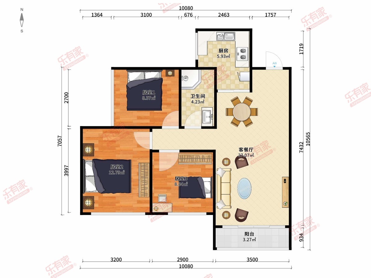 中洲公园城 3房2厅1卫1厨1阳89.0m² 南 1
