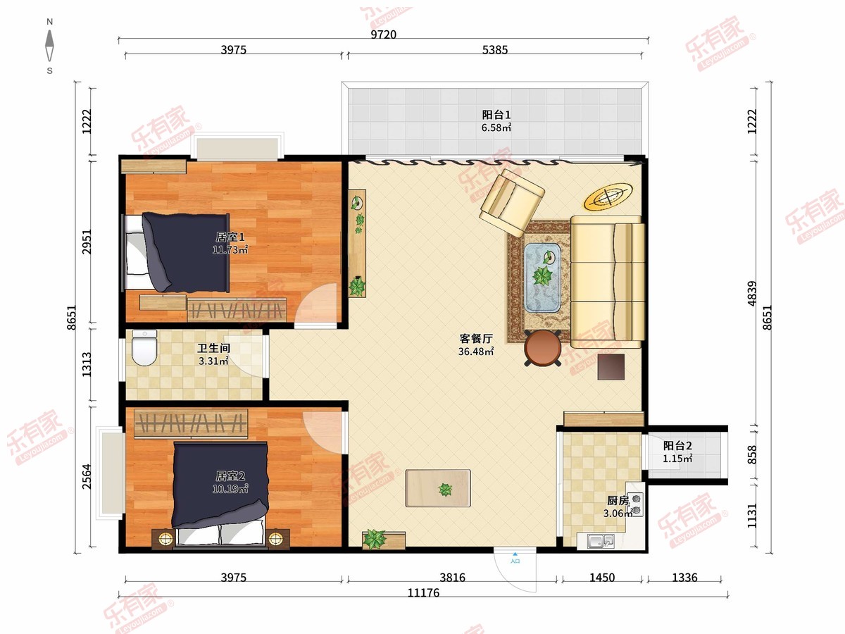 海雅君悦 2房2厅1卫1厨2阳84.0m² 南