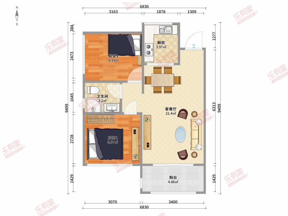 君瑞华府 2房2厅1卫1厨1阳68.96m² 南 1