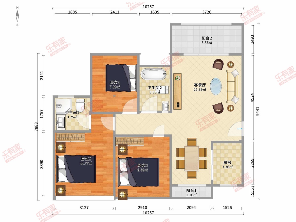 君瑞华府 3房2厅2卫1厨2阳88.86m² 南北