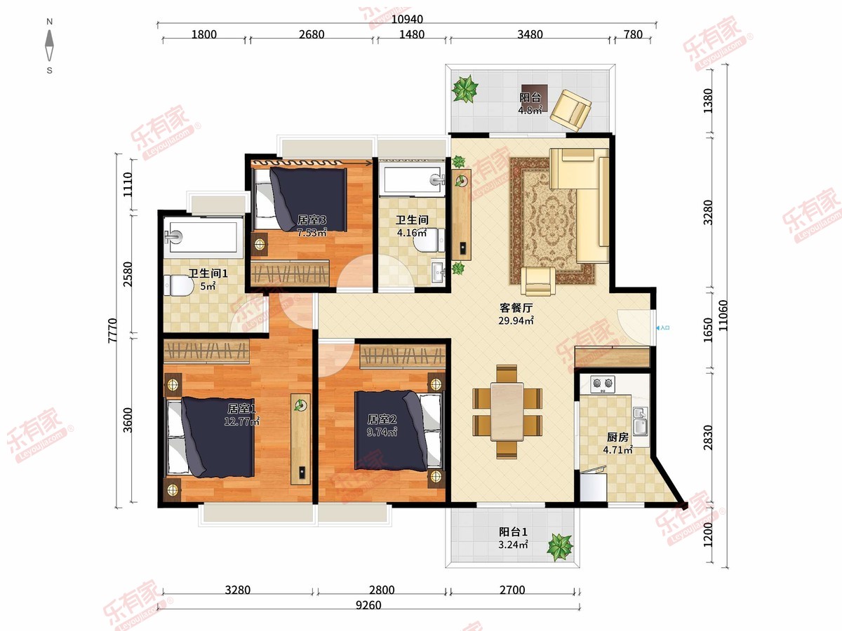 1.2.3.5栋01户型99.0m²西南