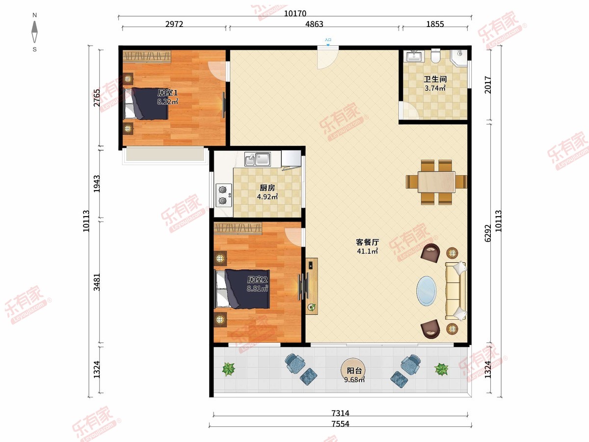 华润小径湾 2房2厅1卫1厨1阳87.0m² 东南