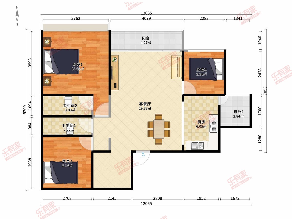 必登高财富广场 3房2厅2卫1厨2阳85.83m² 南