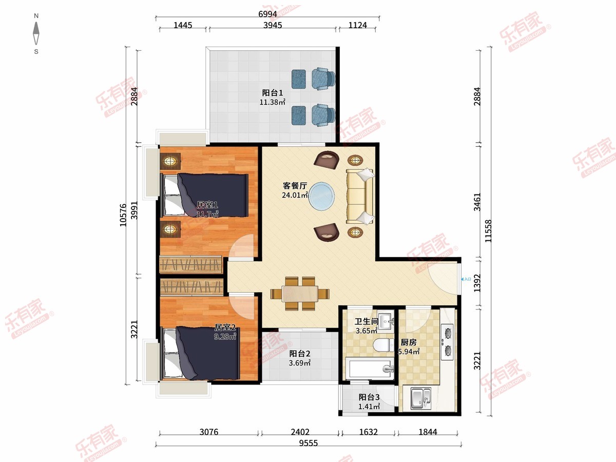 佛冈碧桂园一期工程C4区三地块 2房2厅1卫1厨3阳90.0m² 南北