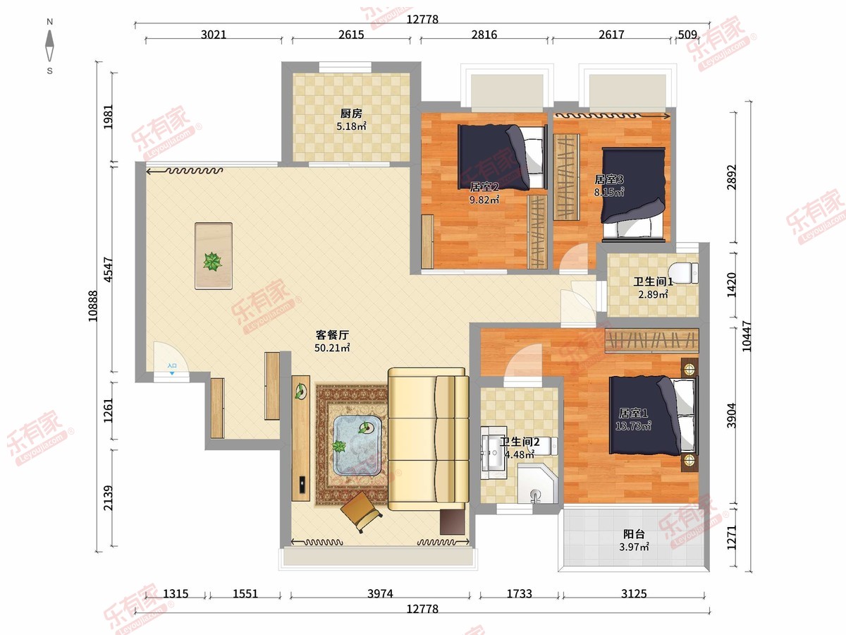 健康花城 3房2厅2卫 119.22㎡