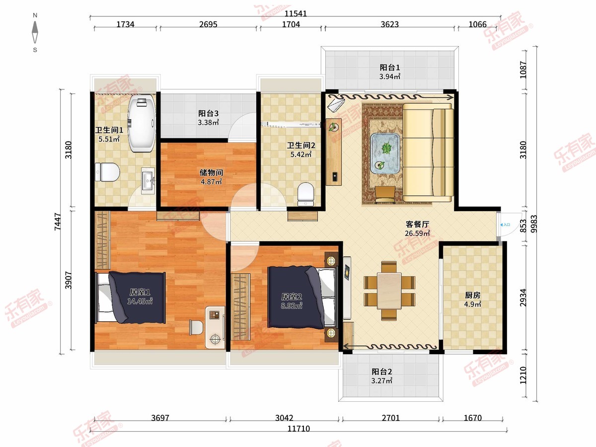 禹洲朗悦 3房2厅2卫1厨3阳100.0m² 北