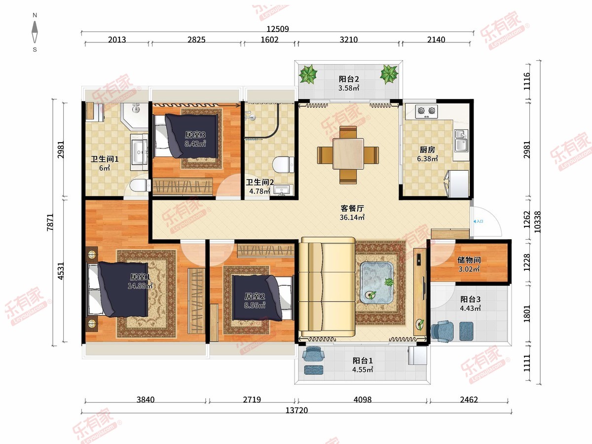 禹洲朗悦 4房2厅2卫1厨3阳118.0m² 南 1