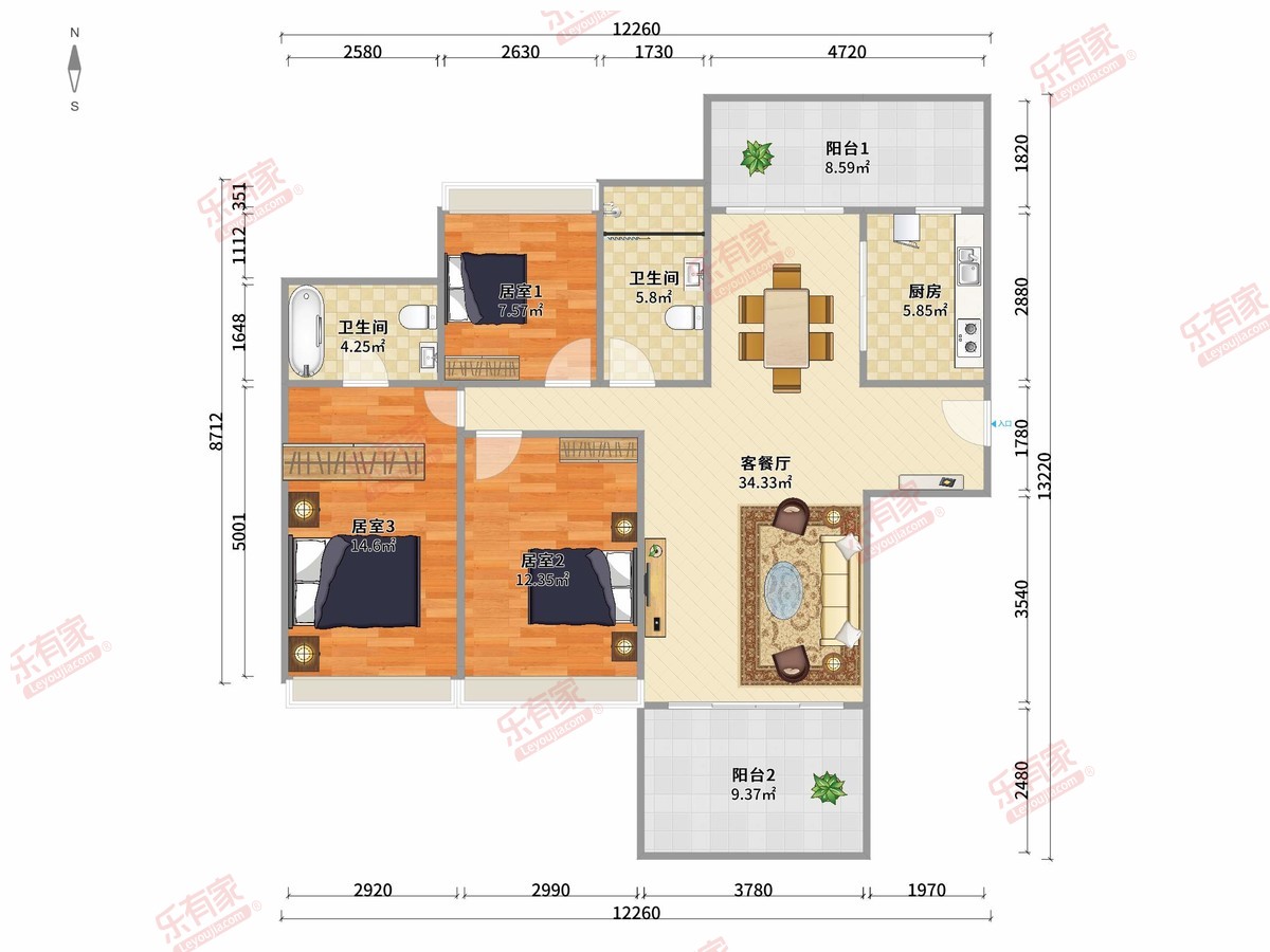 世亮花园 3房2厅2卫1厨2阳125.0m² 南北