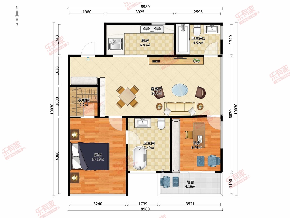 华侨城北站壹号 2房2厅2卫1厨1阳110.0m² 南