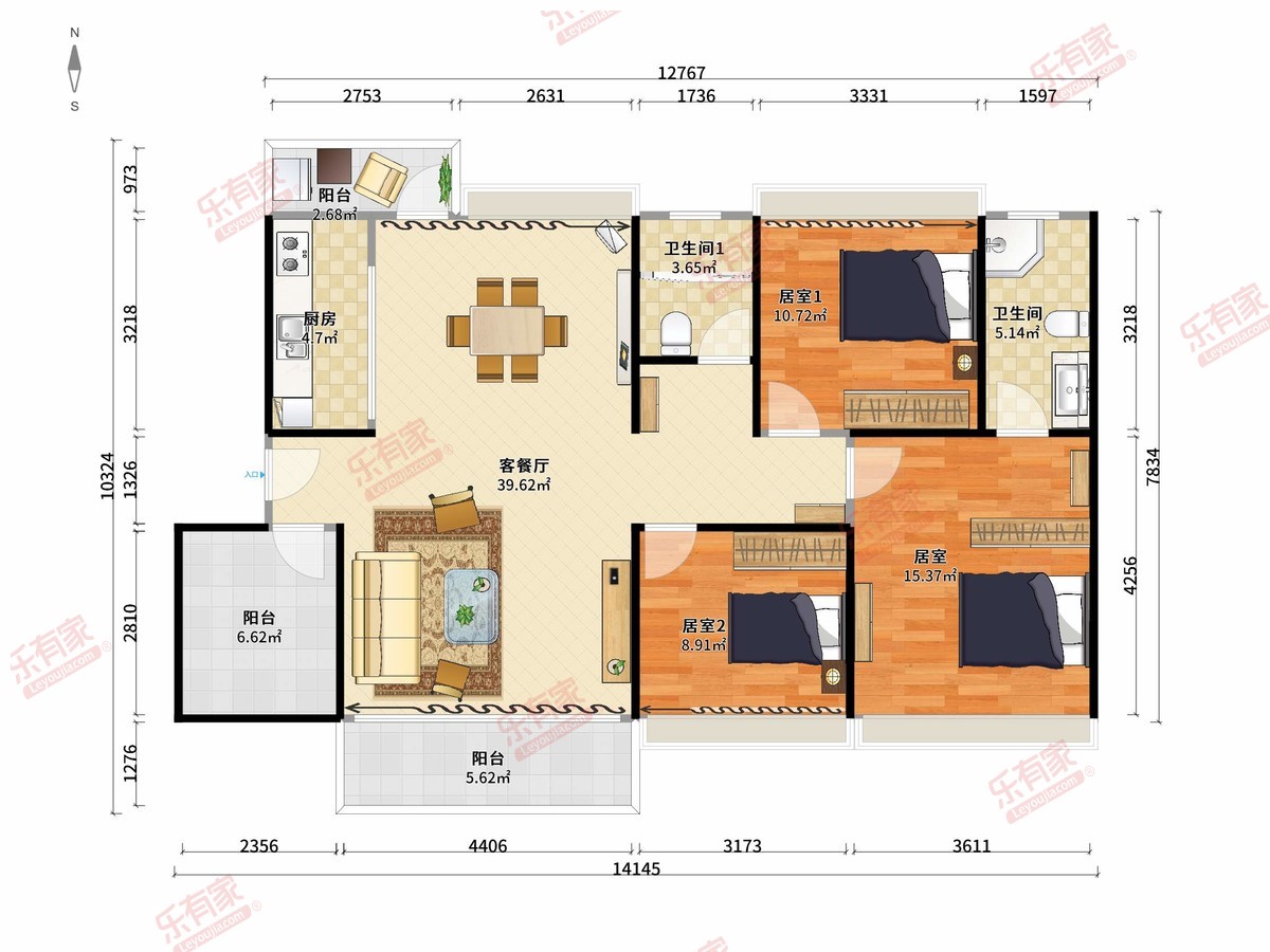 大华紫悦府 3房2厅2卫1厨3阳125.0m² 南