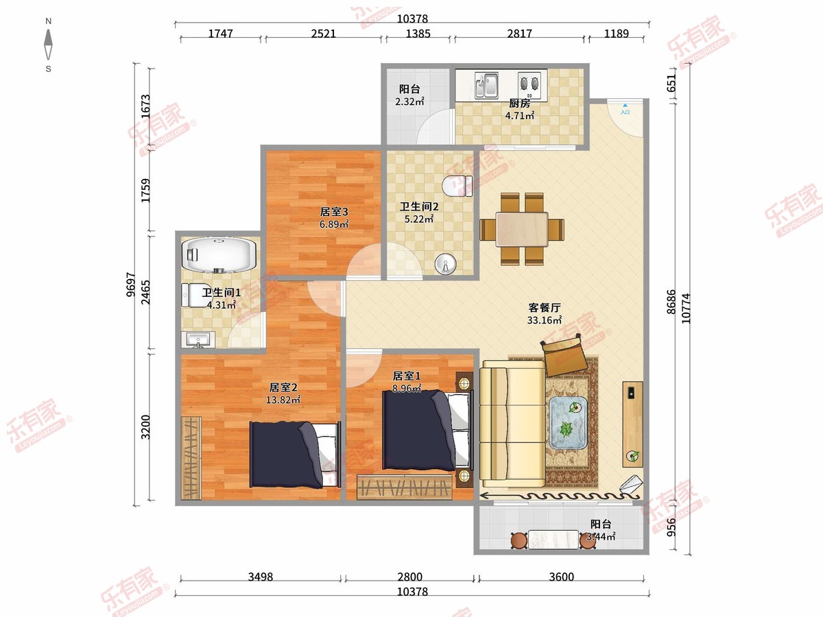 奥誉华庭 3房2厅2卫1厨2阳90.0m² 南