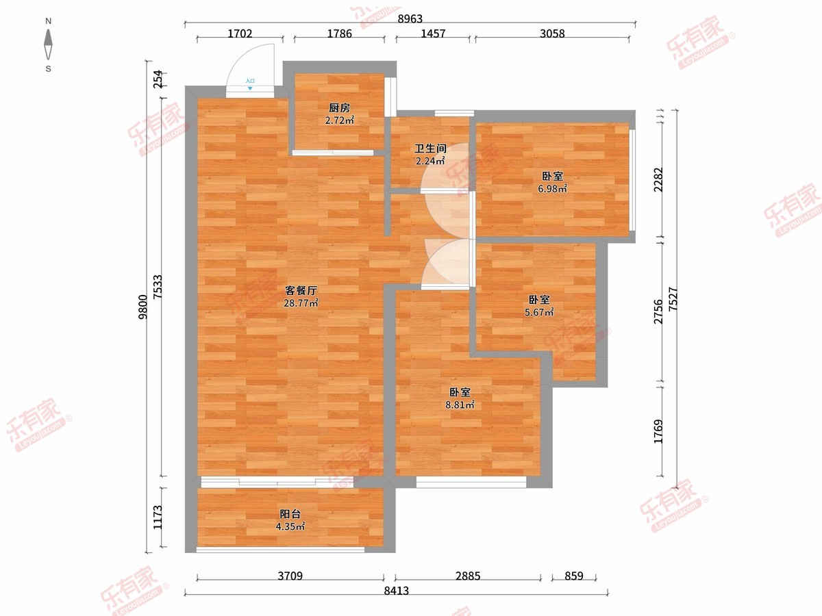 格兰丽锦雅苑 3房2厅1卫1厨1阳95.0m² 南