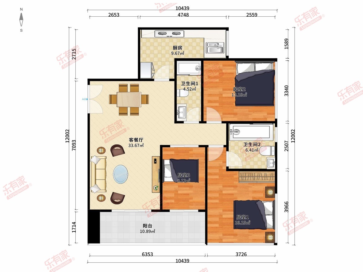 中粮大悦城3房2厅2卫1厨2阳116.59m²西南
