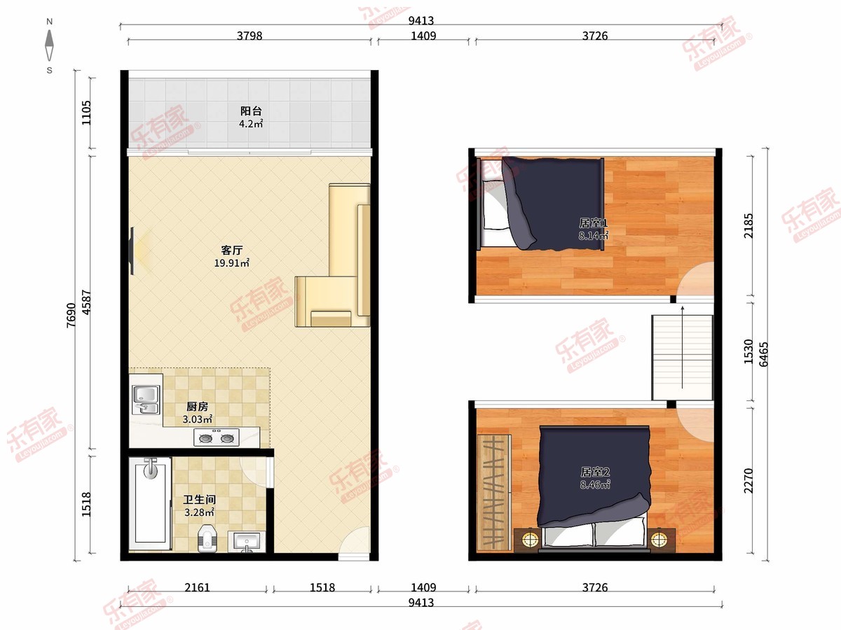 世博广场 2房1厅1卫 61.77㎡