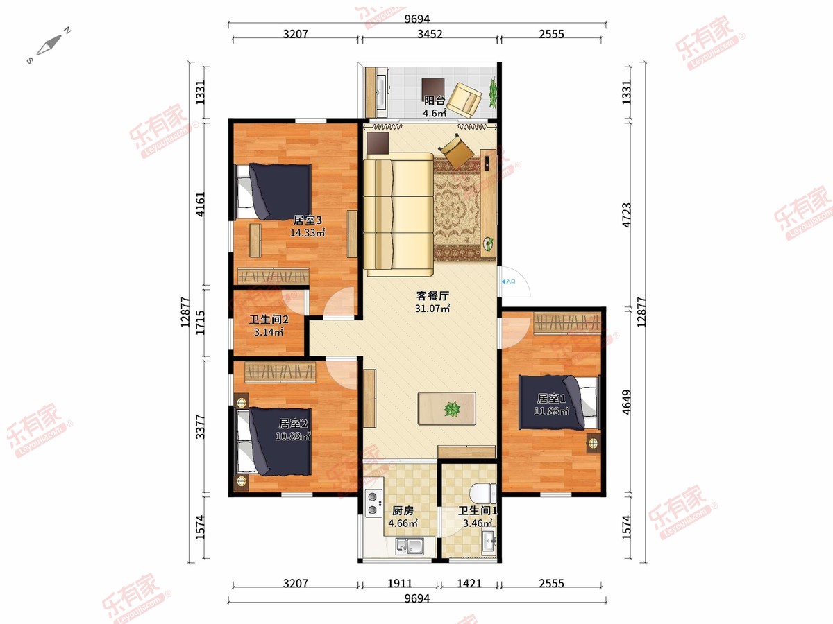 绍尧里 3房2厅2卫 100㎡