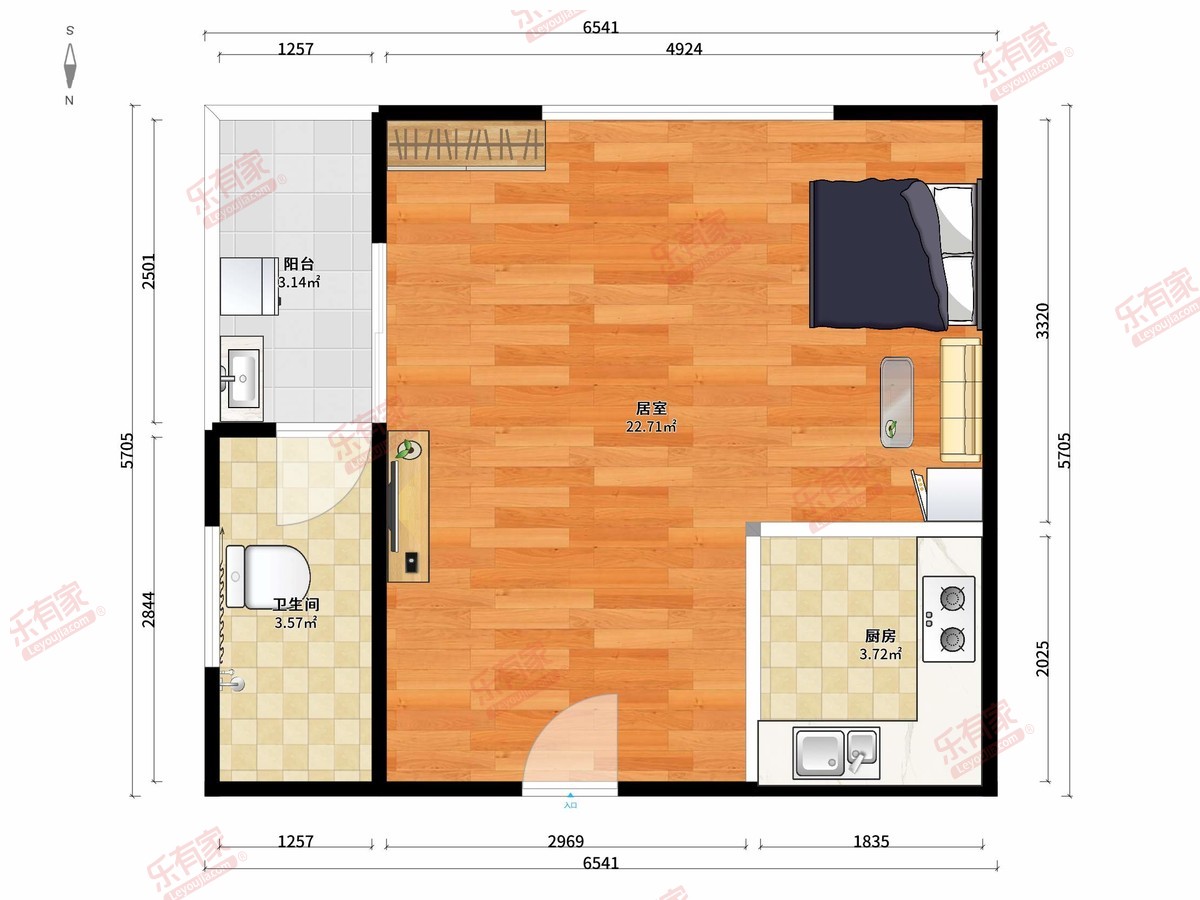 诚丰水晶座南精装1室0厅44.61m²）