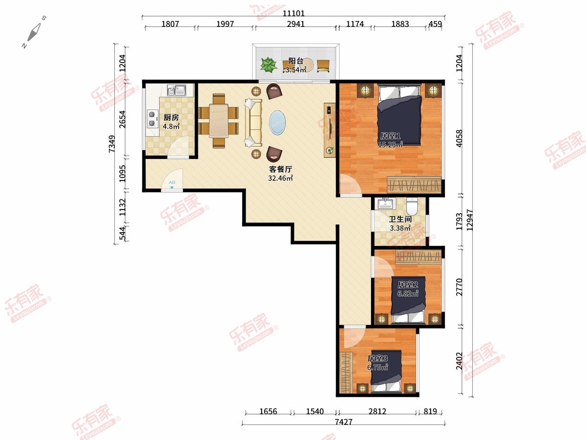 绿色盐港家园 3房2厅1卫 77.86㎡