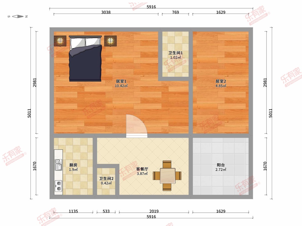 中山碧豪公馆 2房2厅2卫1厨1阳44.0m² 北