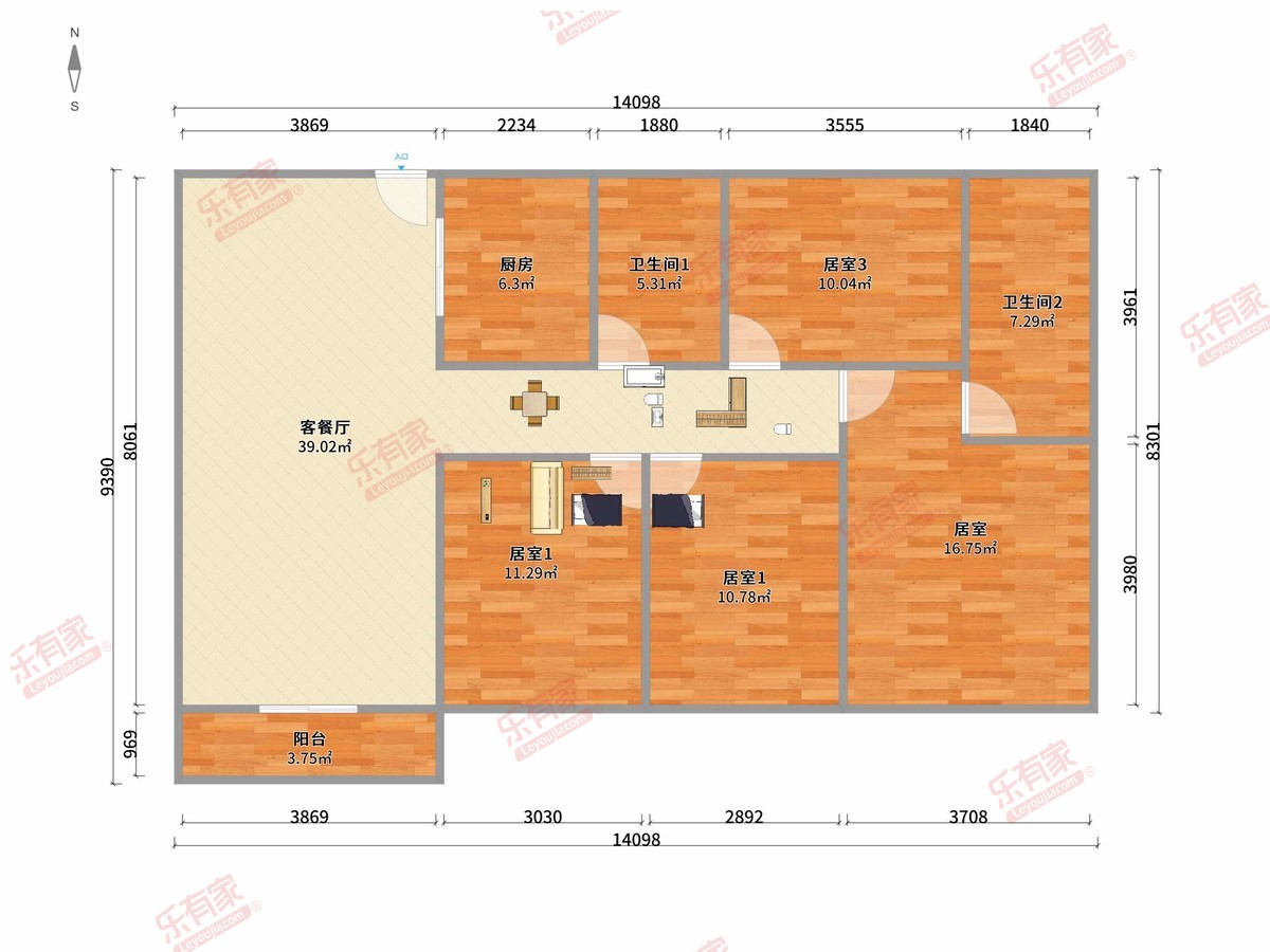 天勤广场 4房1厅2卫1厨1阳128.0m² 南