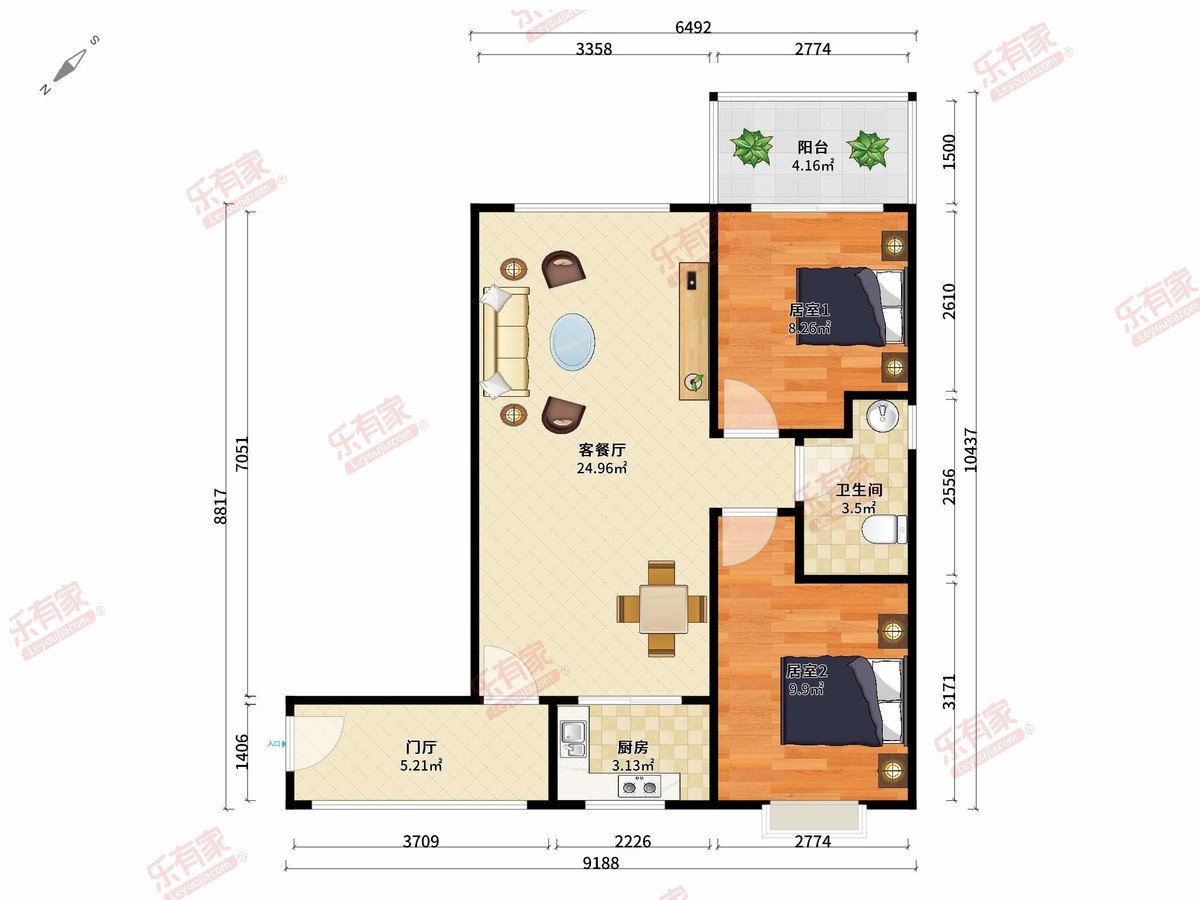 一城峰景 2房2厅1卫 74.28㎡