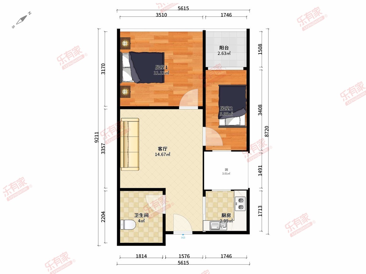 丽湾商务公寓 2房1厅1卫 44.35㎡