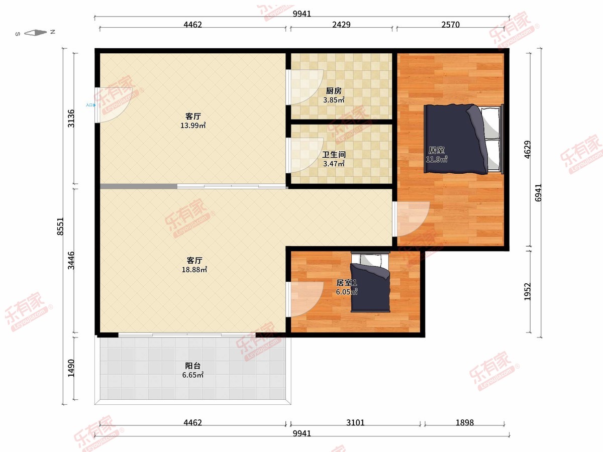 华标峰湖御境 2房2厅1卫1厨1阳88.0m² 东