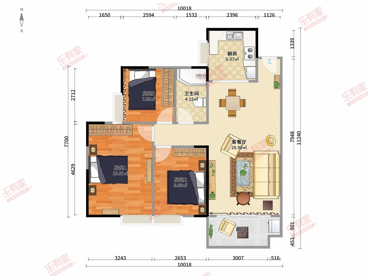 铭萃花园 3房2厅1卫1厨1阳90.0m² 西
