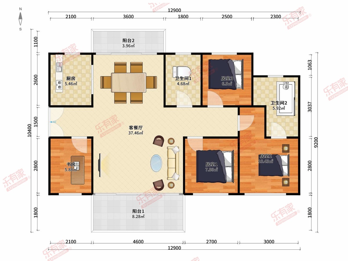 颐安天朗名庭 4房2厅2卫1厨2阳106.0m² 南北