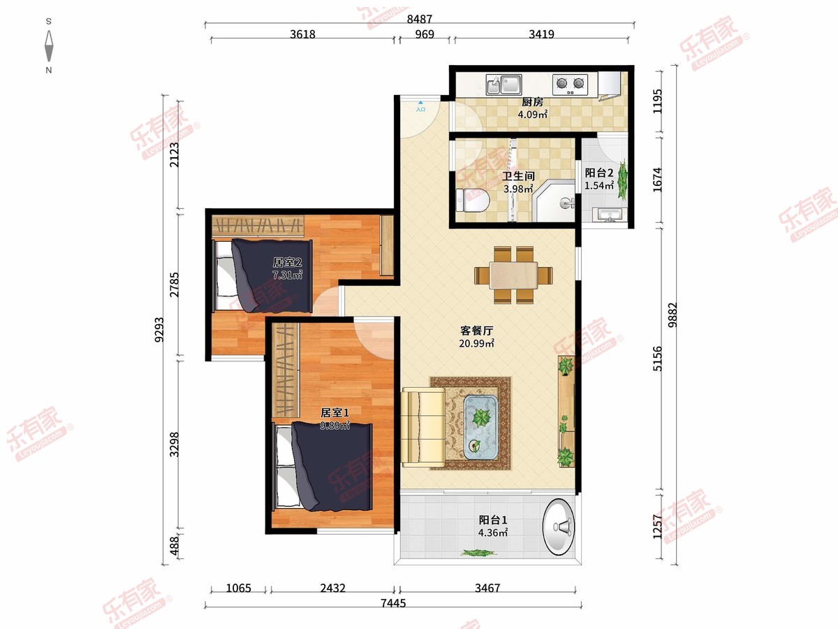锦上花家园 2房2厅1卫 61㎡