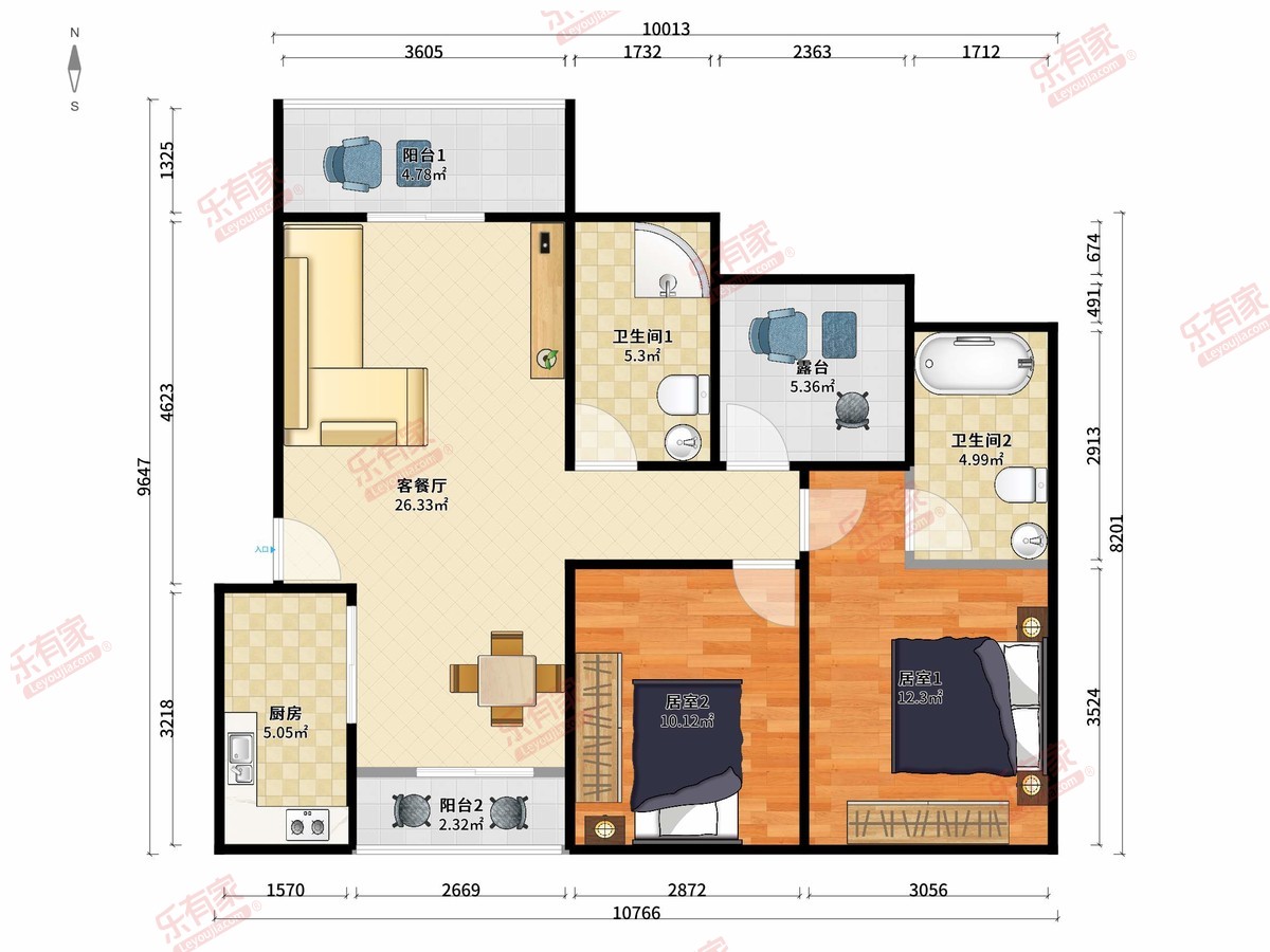 玉兰花园 2房2厅2卫1厨3阳88.0m² 南