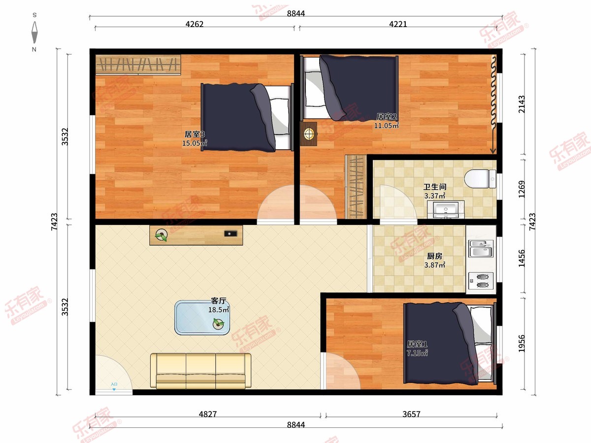 鑫洲花园 3房1厅1卫 60㎡
