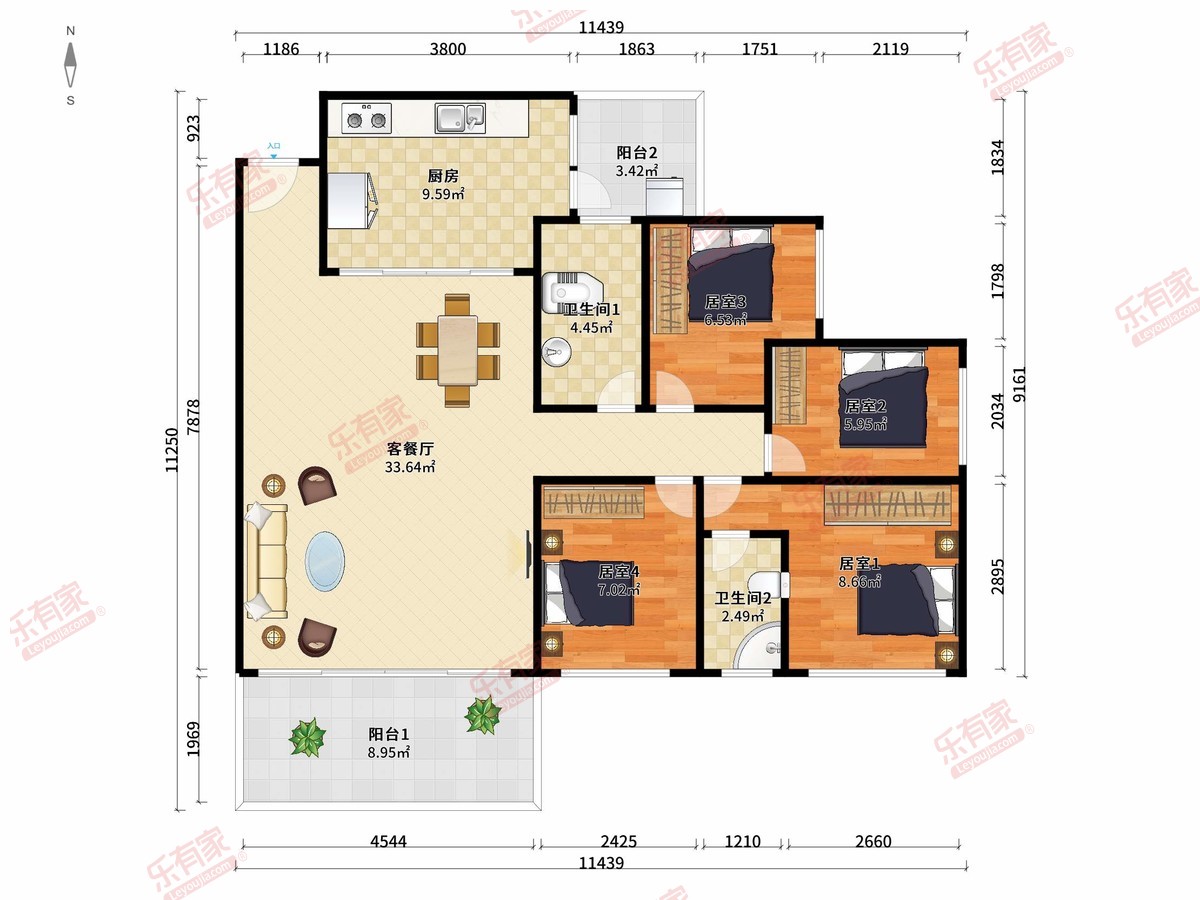 凯柏瑞信荣域 4房2厅2卫1厨2阳104.97m² 南