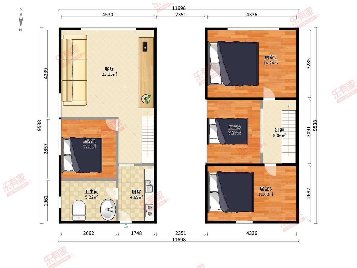 招鑫富荔公馆 4房1厅1卫1厨0阳89.0m² 南