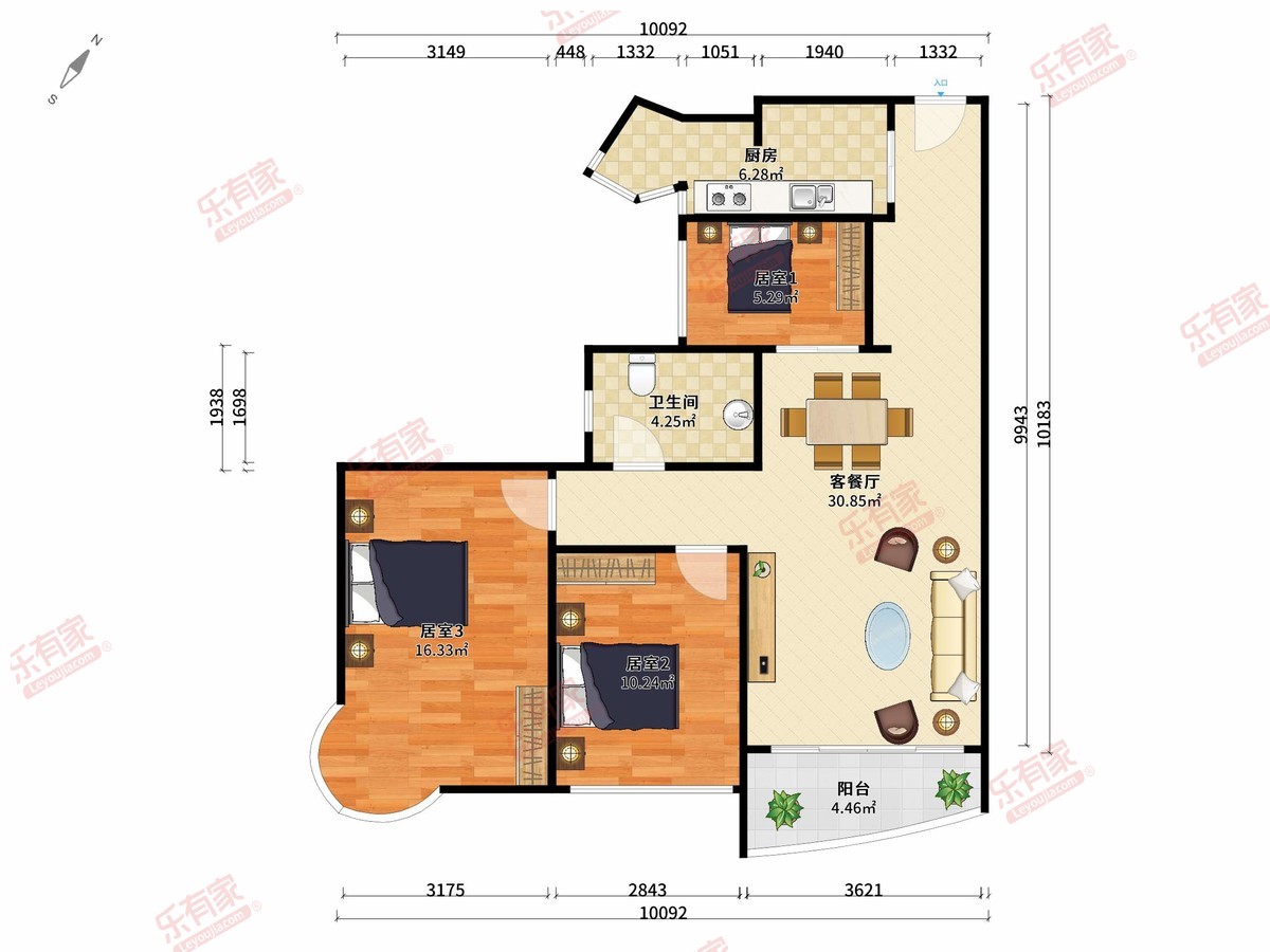 海韵嘉园西南普装3室2厅76.94m²