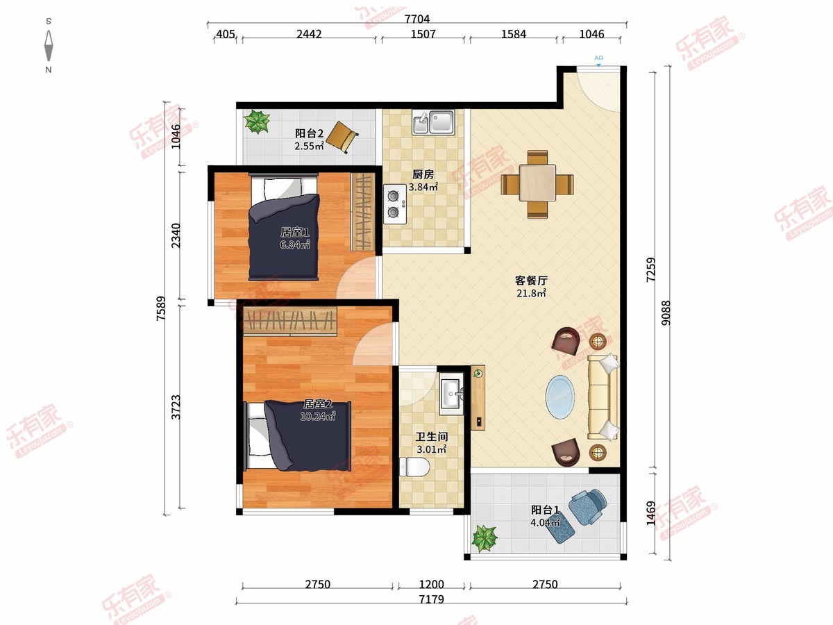80后街 2房2厅1卫 61.61㎡