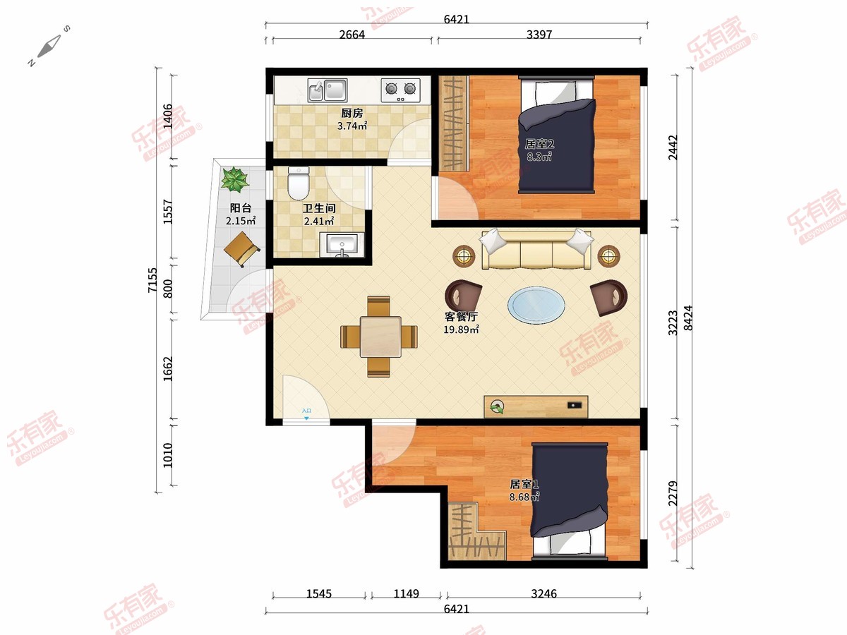 青年城邦园 2房2厅1卫 59.38㎡