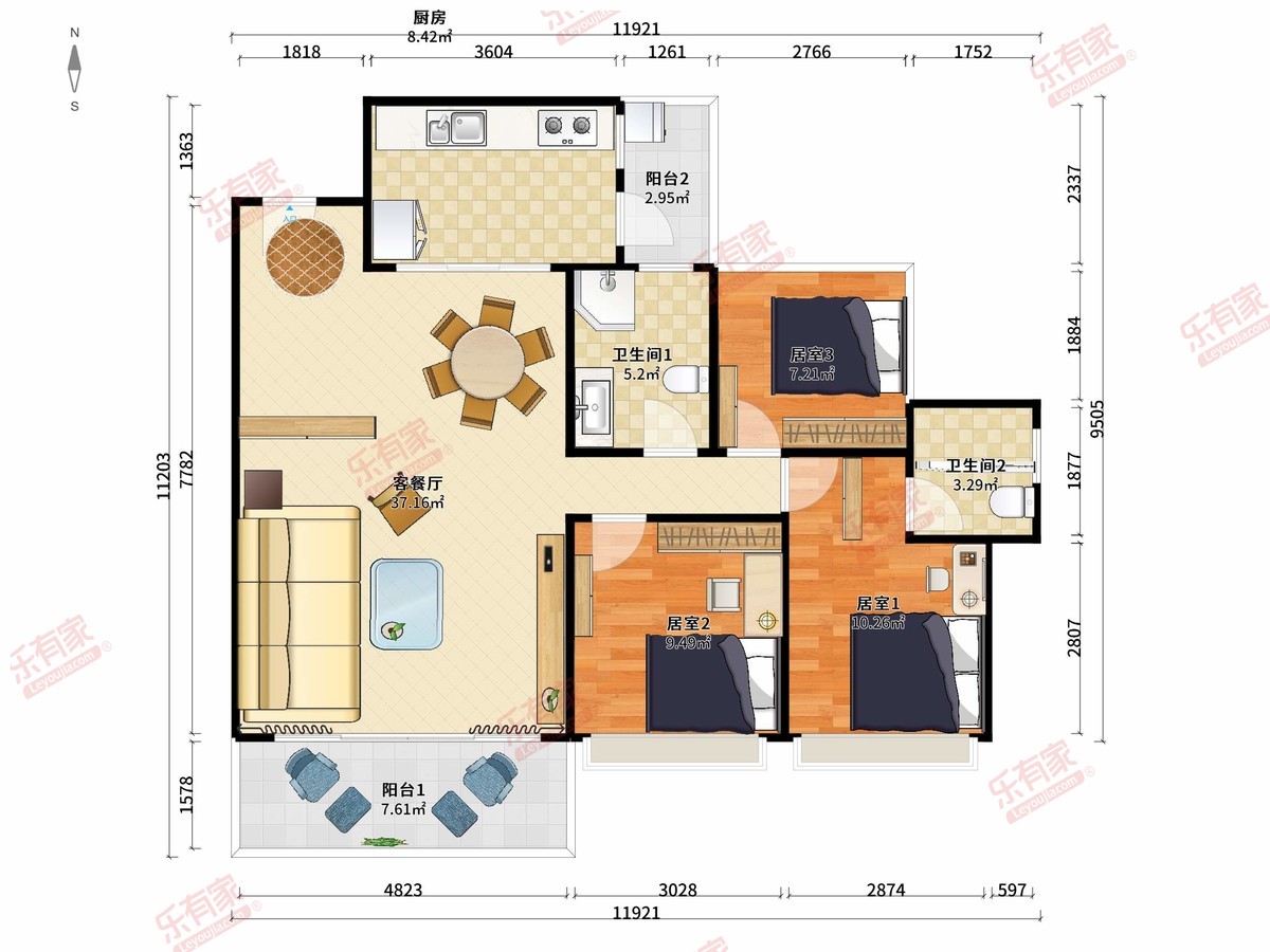御居美庐 3房2厅2卫1厨2阳93.67m² 南