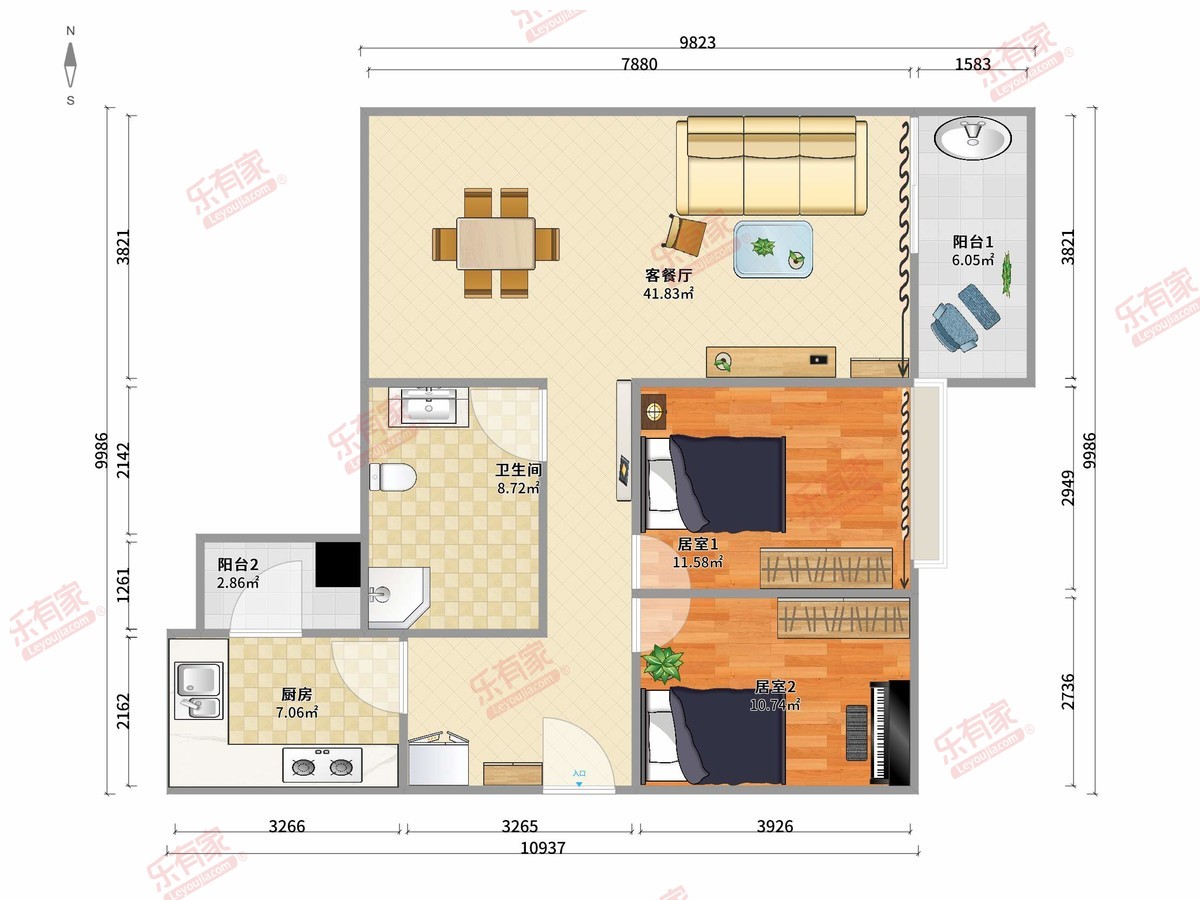 东方新城 2房2厅1卫 89.97㎡