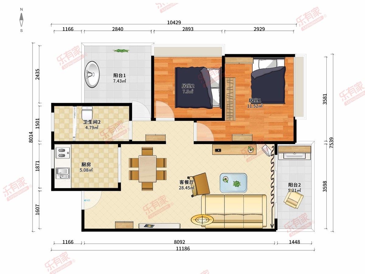 奥园园著 2房2厅1卫1厨2阳87.0m² 东